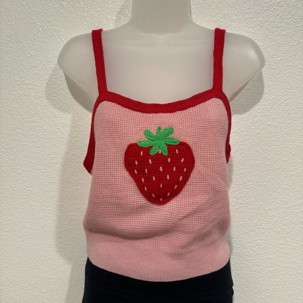 NWT hot topic pink red knit strawberry sleeveless cami tank top shirt